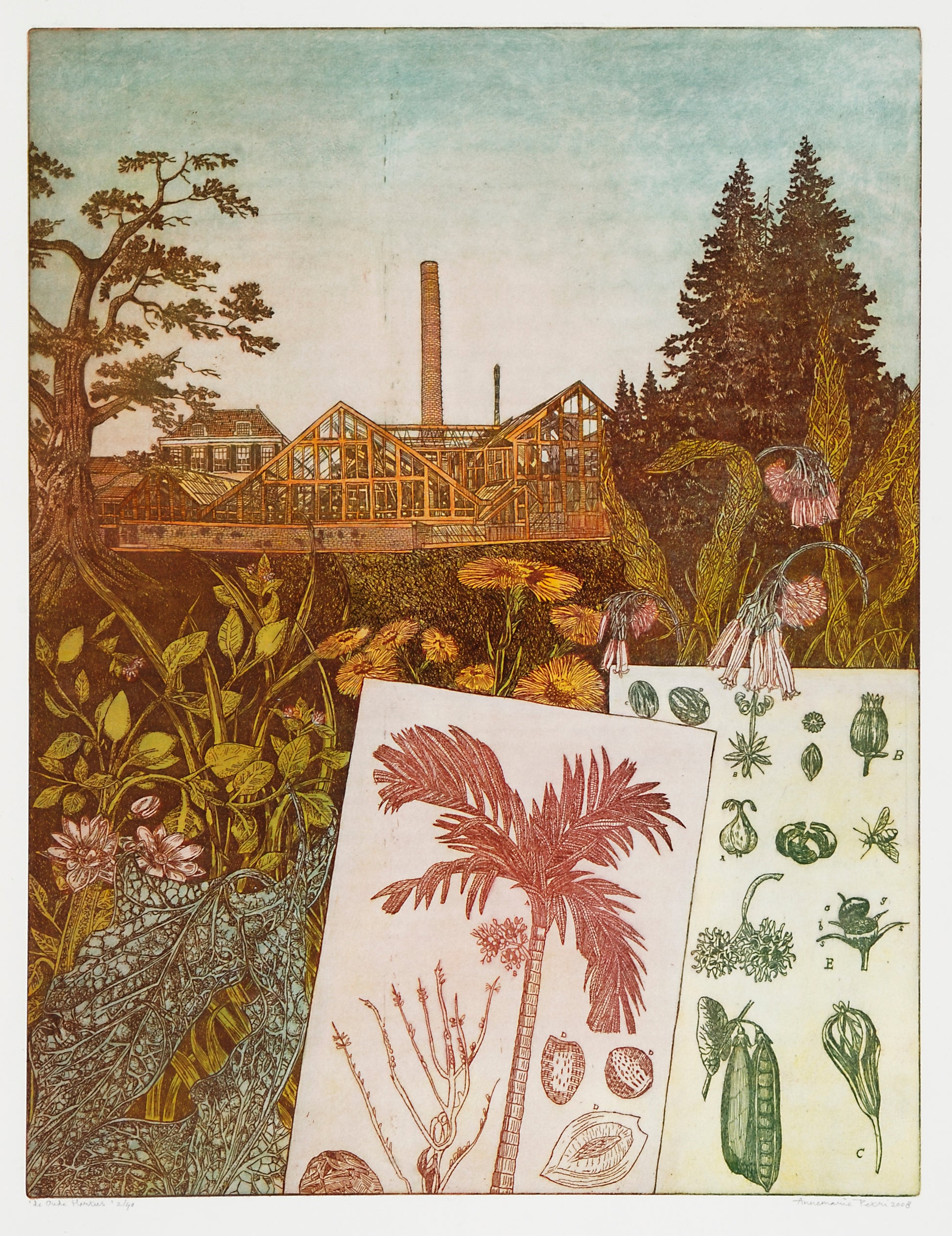 Etsen kunstwerk met botanische afbeeldingen en een fabrieksachtergrond door Annemarie Petri