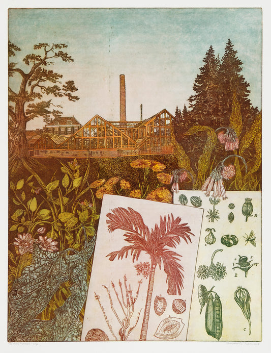 Etsen kunstwerk met botanische afbeeldingen en een fabrieksachtergrond door Annemarie Petri