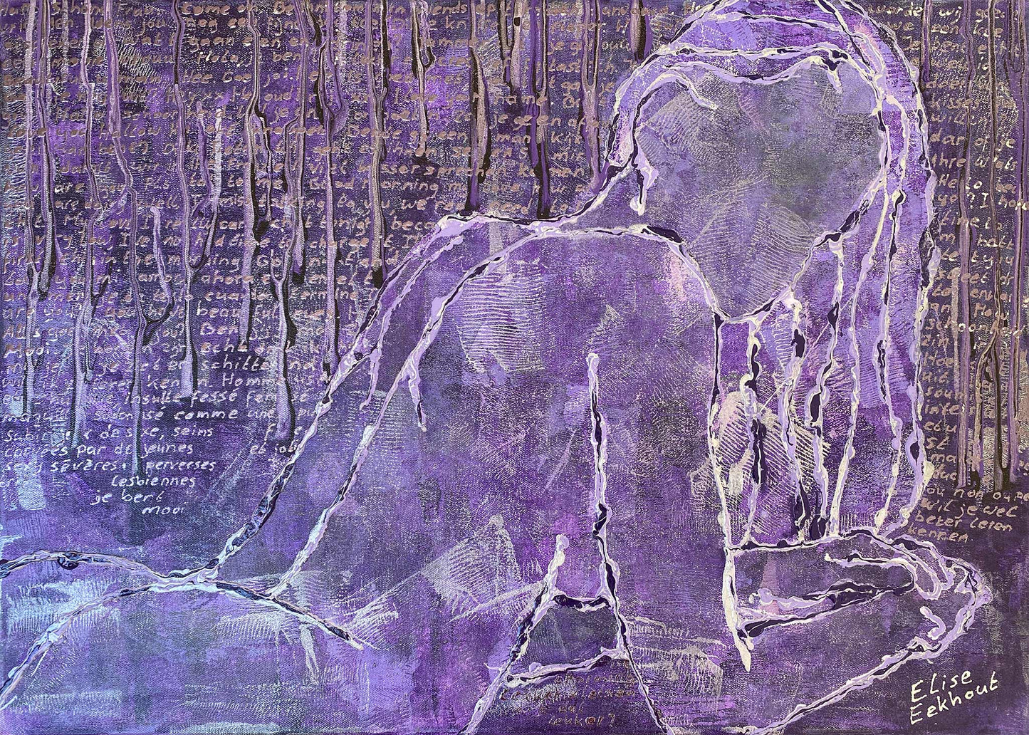Abstracte vrouwelijk figuur in paarstinten, Fb Conversations schilderij van Elise Eekhout