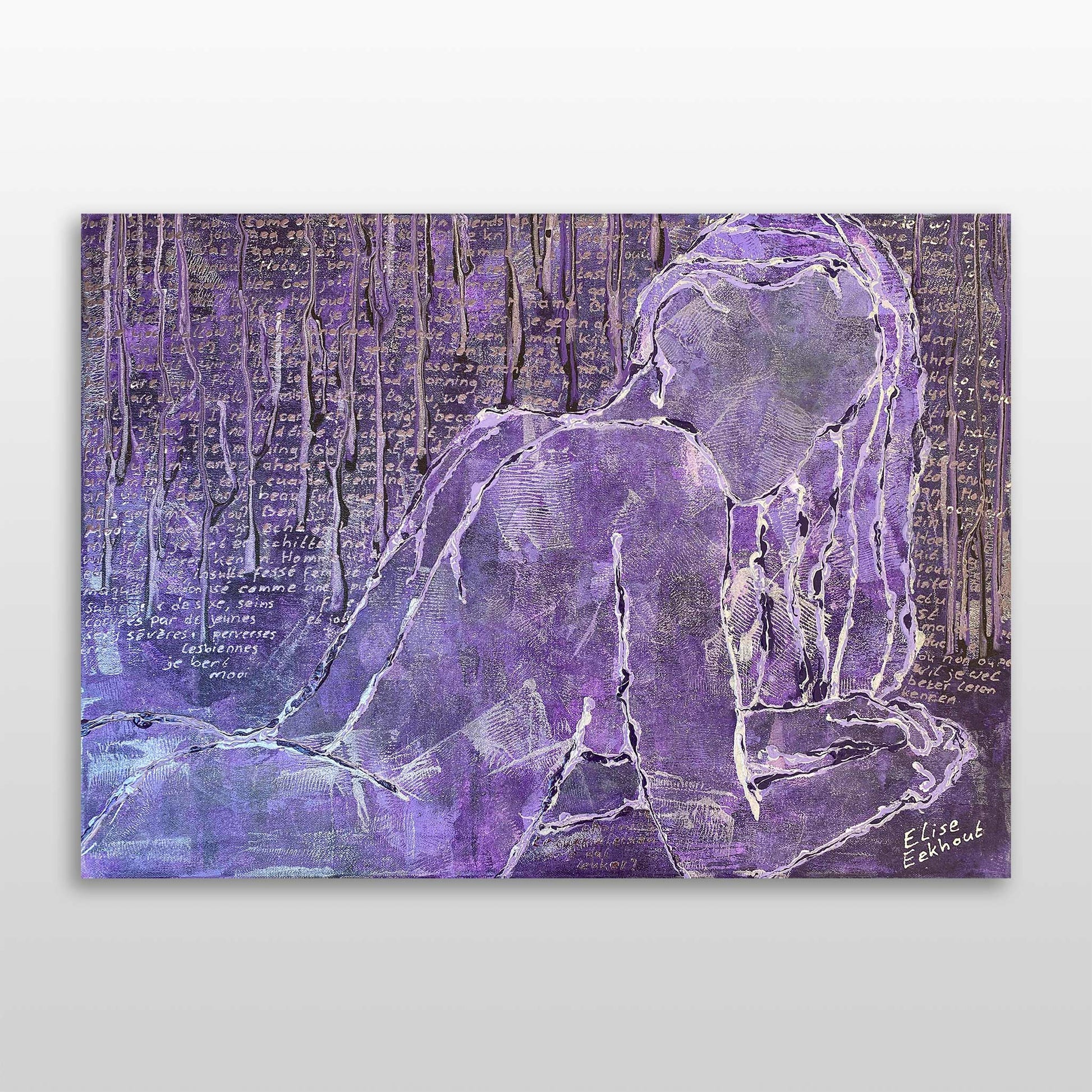 Fb Conversations schilderij van Elise Eekhout met abstracte paarse figuur op kunstzinnige achtergrond