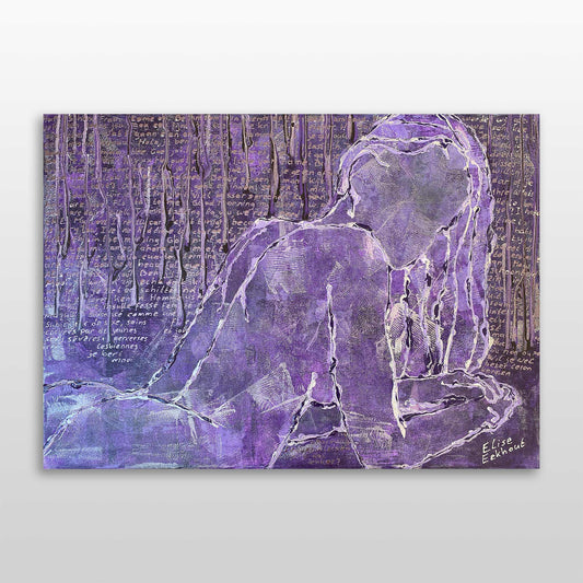 Fb Conversations schilderij van Elise Eekhout met abstracte paarse figuur op kunstzinnige achtergrond