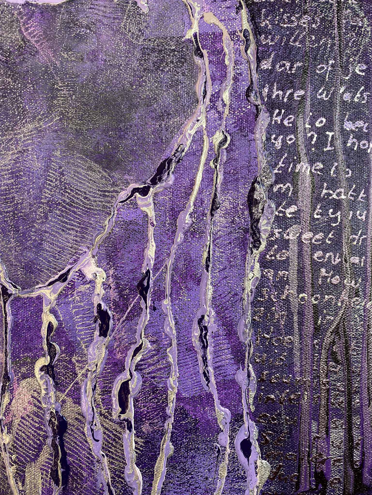 Abstract Fb Conversations schilderij van Elise Eekhout met paarse en grijze accenten