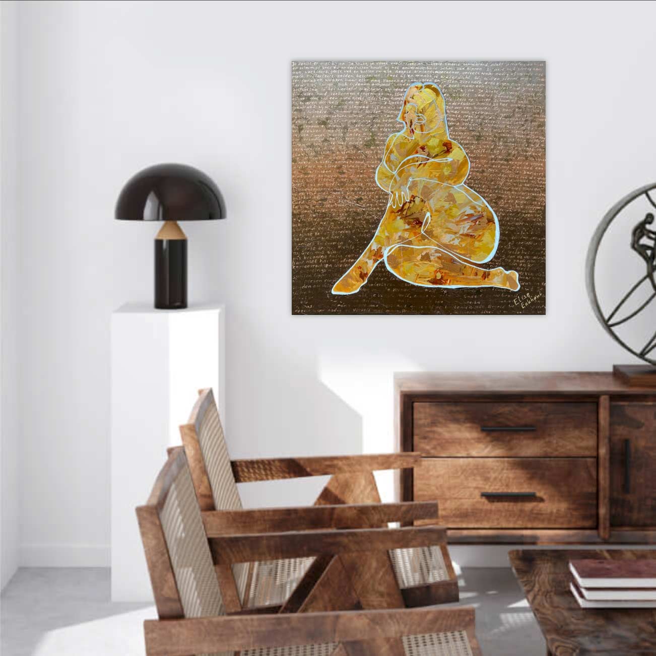 Modern figuratief schilderij van een vrouw in verschillende kleuren, perfect voor een eigentijdse woonkamer