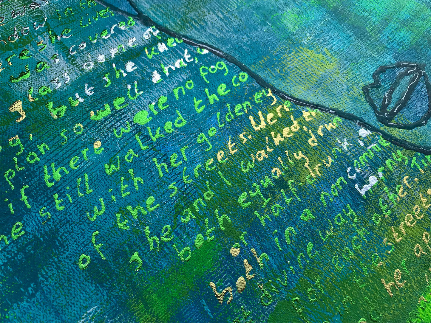 Abstract figuratief schilderij van Elise Eekhout met kleurrijke textuur en poëtische teksten