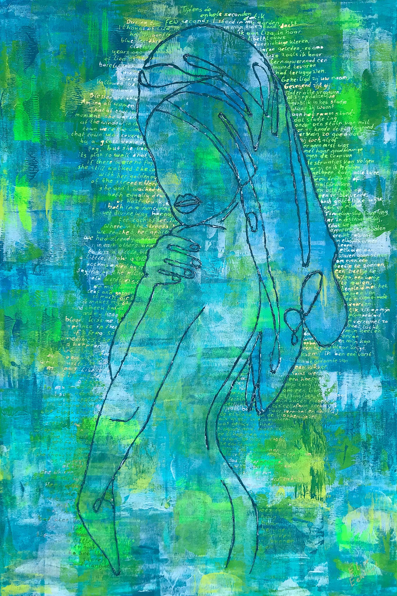 Figuratief schilderij van een vrouw in blauwe tinten met abstracte achtergrond en handgetekende lijnen