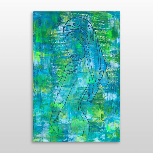 Kleurrijk figuratief schilderij van een vrouw in blauwtinten met abstracte achtergrond door Elise Eekhout