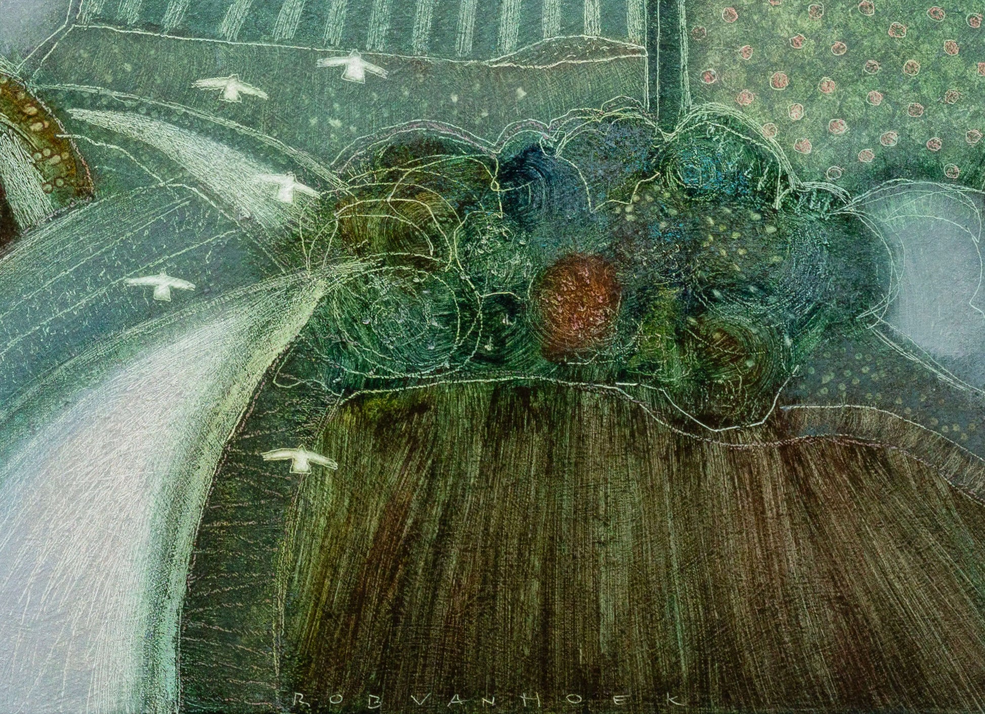 Handgeschilderd schilderij van een serene landschap met vogels en kleurrijke bomen