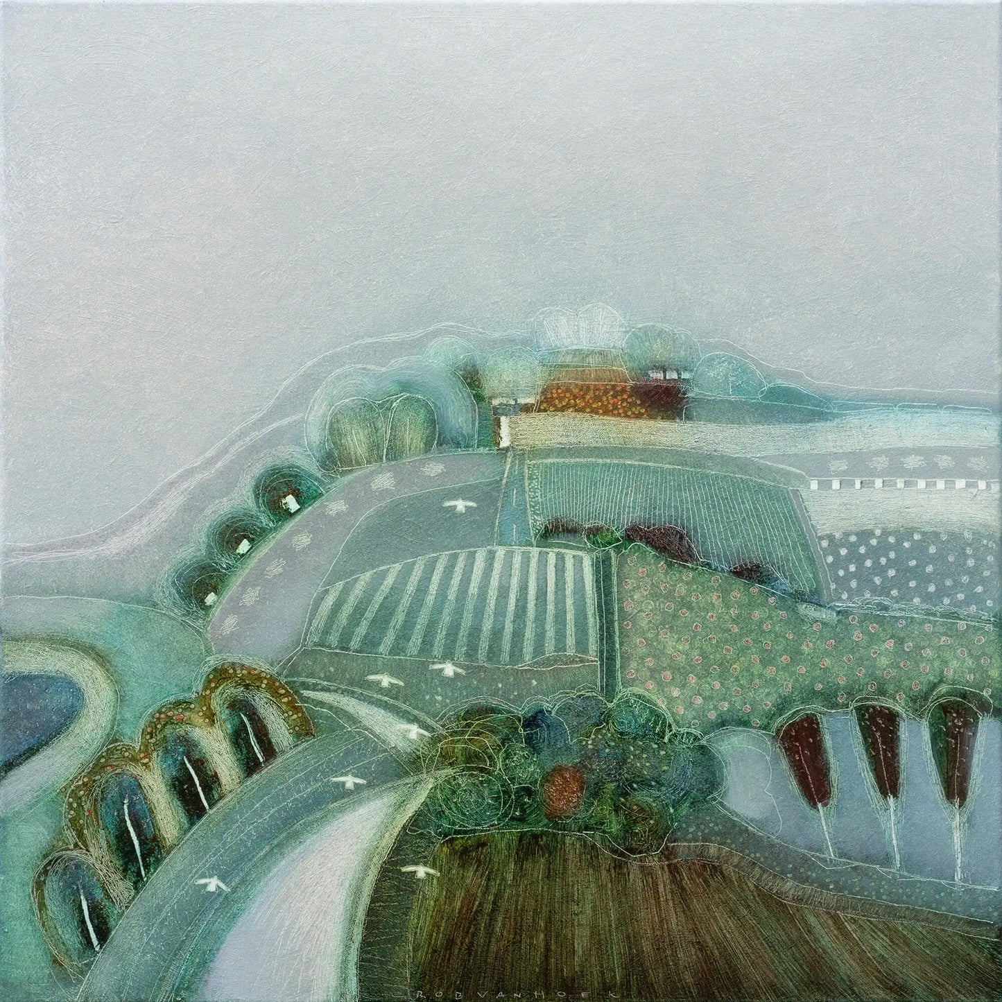 Handgeschilderd schilderij van een abstract landschap met zachte kleuren en vloeiende vormen