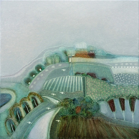 Handgeschilderd schilderij van een abstract landschap met zachte kleuren en vloeiende vormen