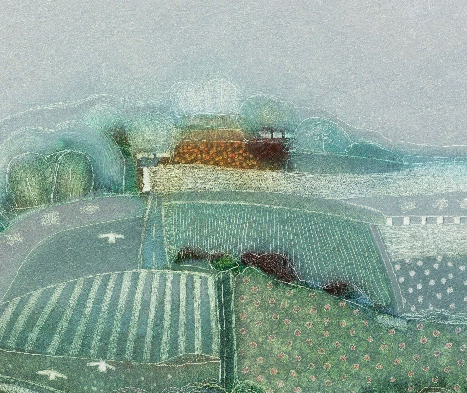 Handgeschilderd schilderij van een kleurrijk landschap met heuvels en bomen in zachte tinten