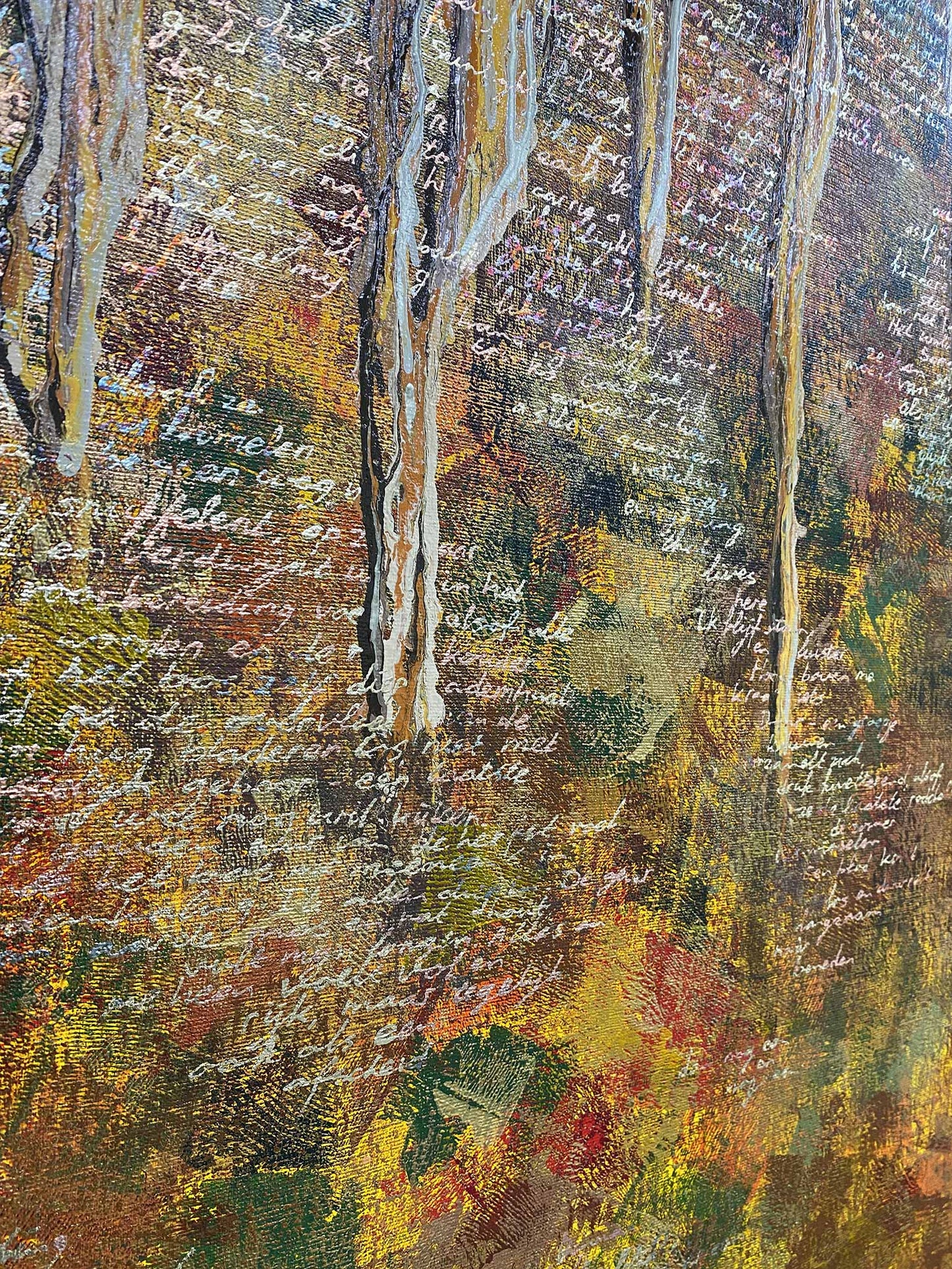 Abstract herfst schilderij kopen van Elise Eekhout met warme kleuren en teksten