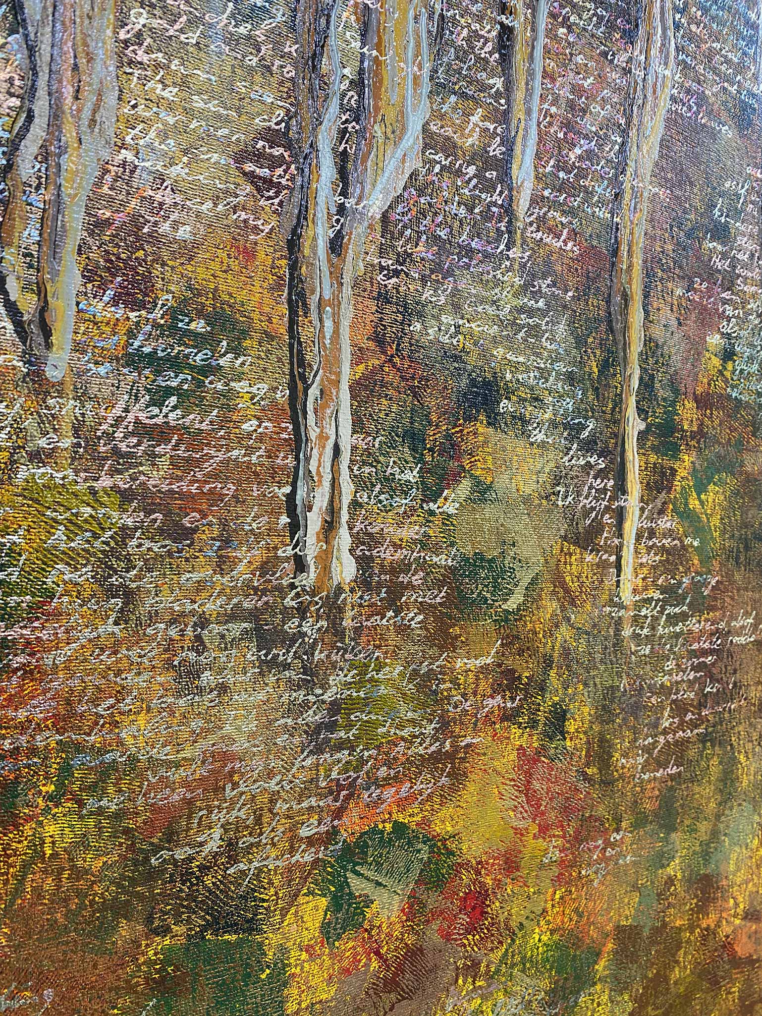 Abstract herfst schilderij kopen van Elise Eekhout met warme kleuren en teksten