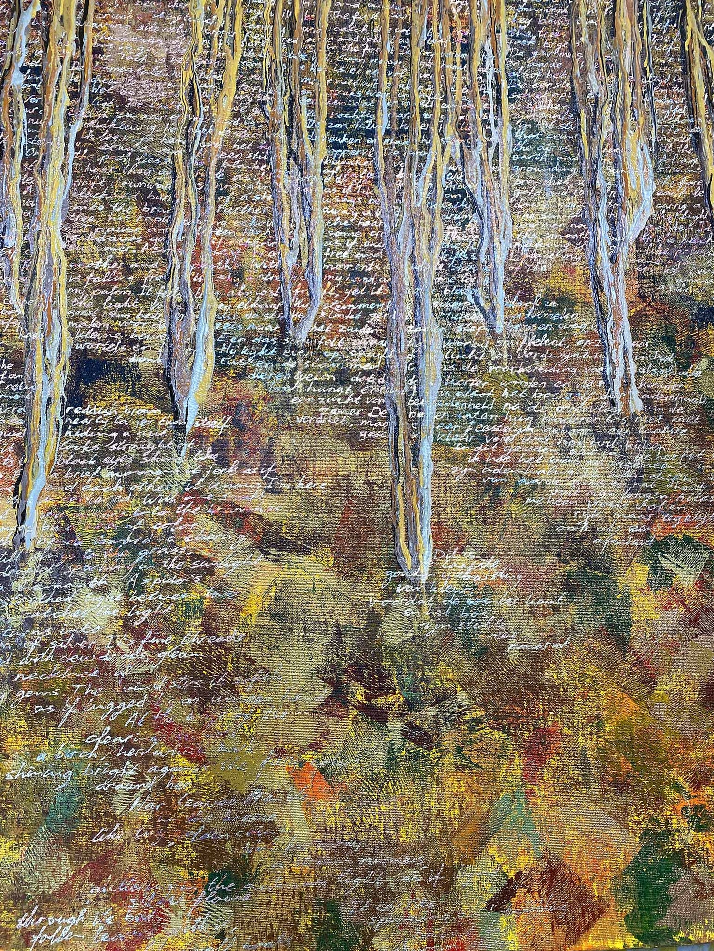 Abstract herfst schilderij kopen met warme tinten en handgeschreven teksten voor een sfeervolle inrichting