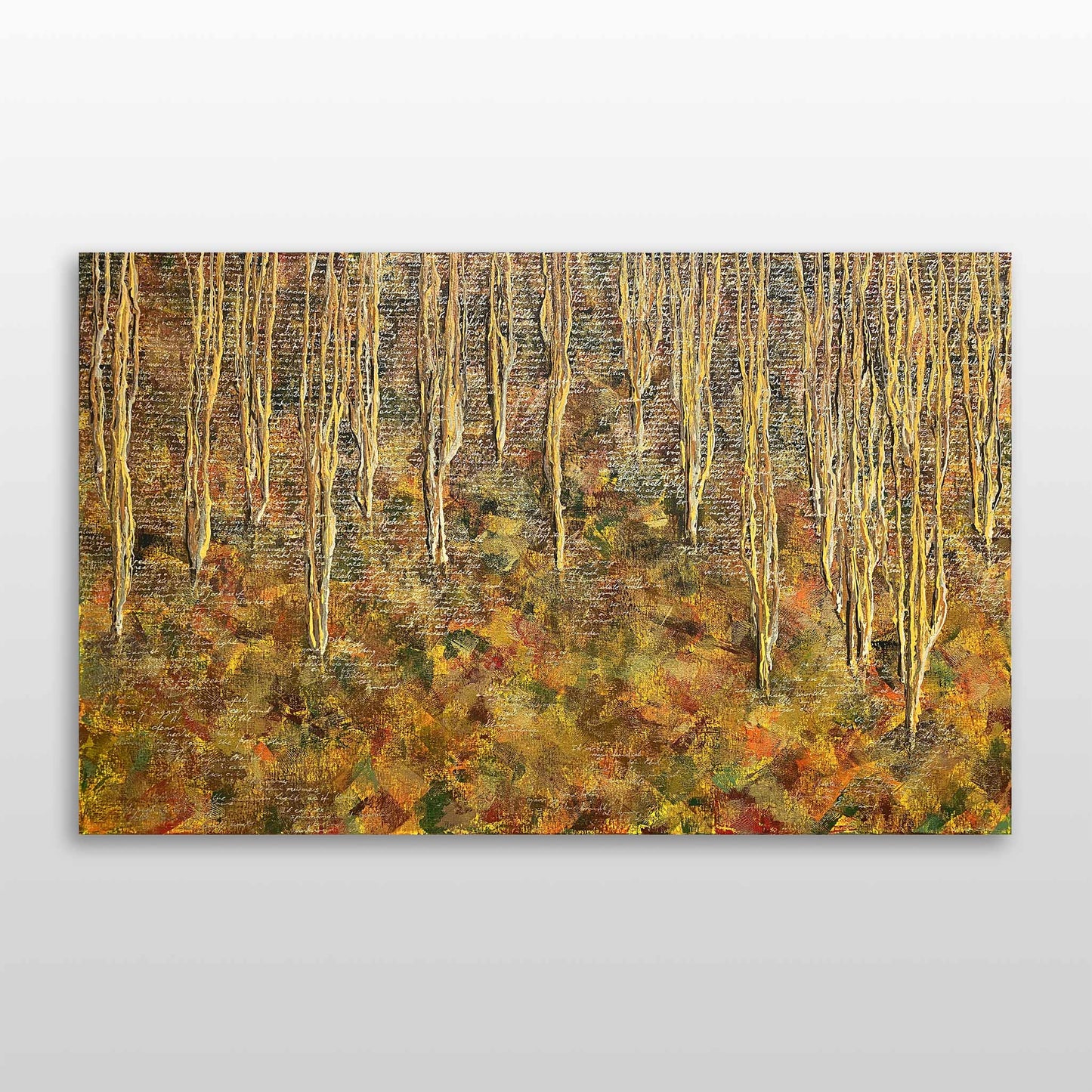 Herfst schilderij kopen van Elise Eekhout met warme kleuren en abstracte boomstructuren