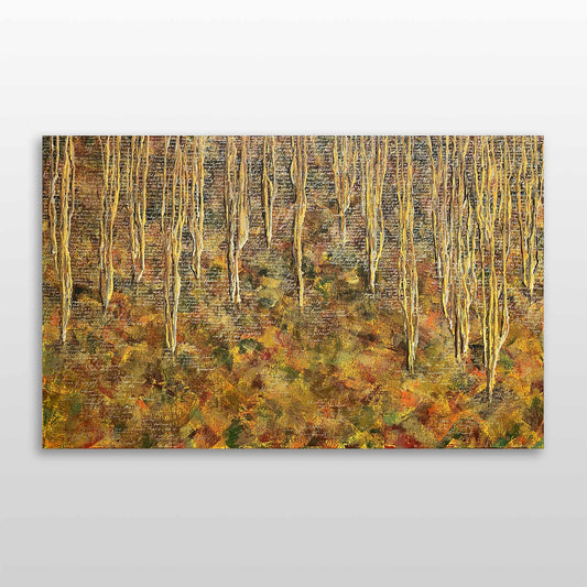 Herfst schilderij kopen van Elise Eekhout met warme kleuren en abstracte boomstructuren