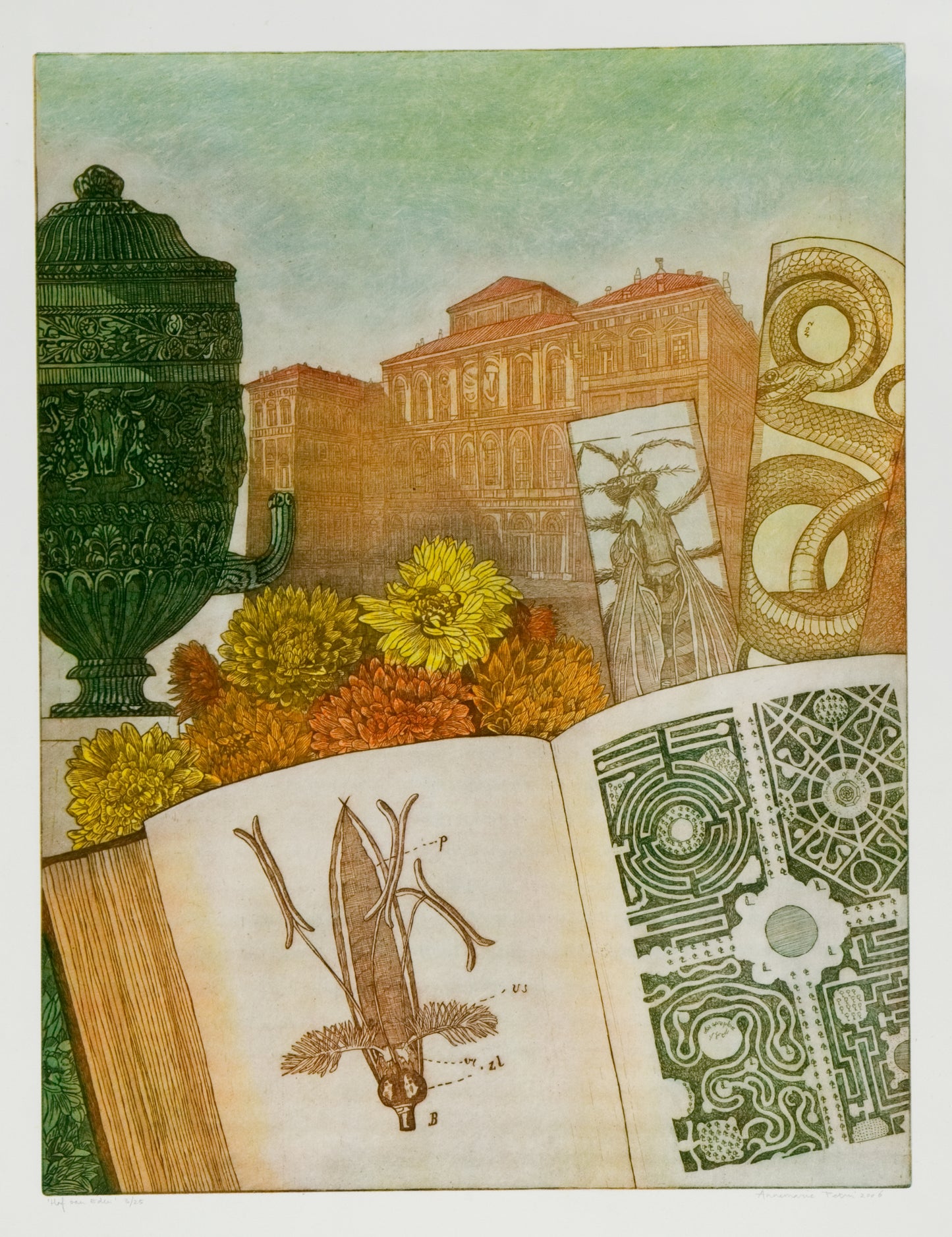 Etsen van Annemarie Petri met het kunstwerk Hof van Eden, featuring botanische illustraties en architectuur