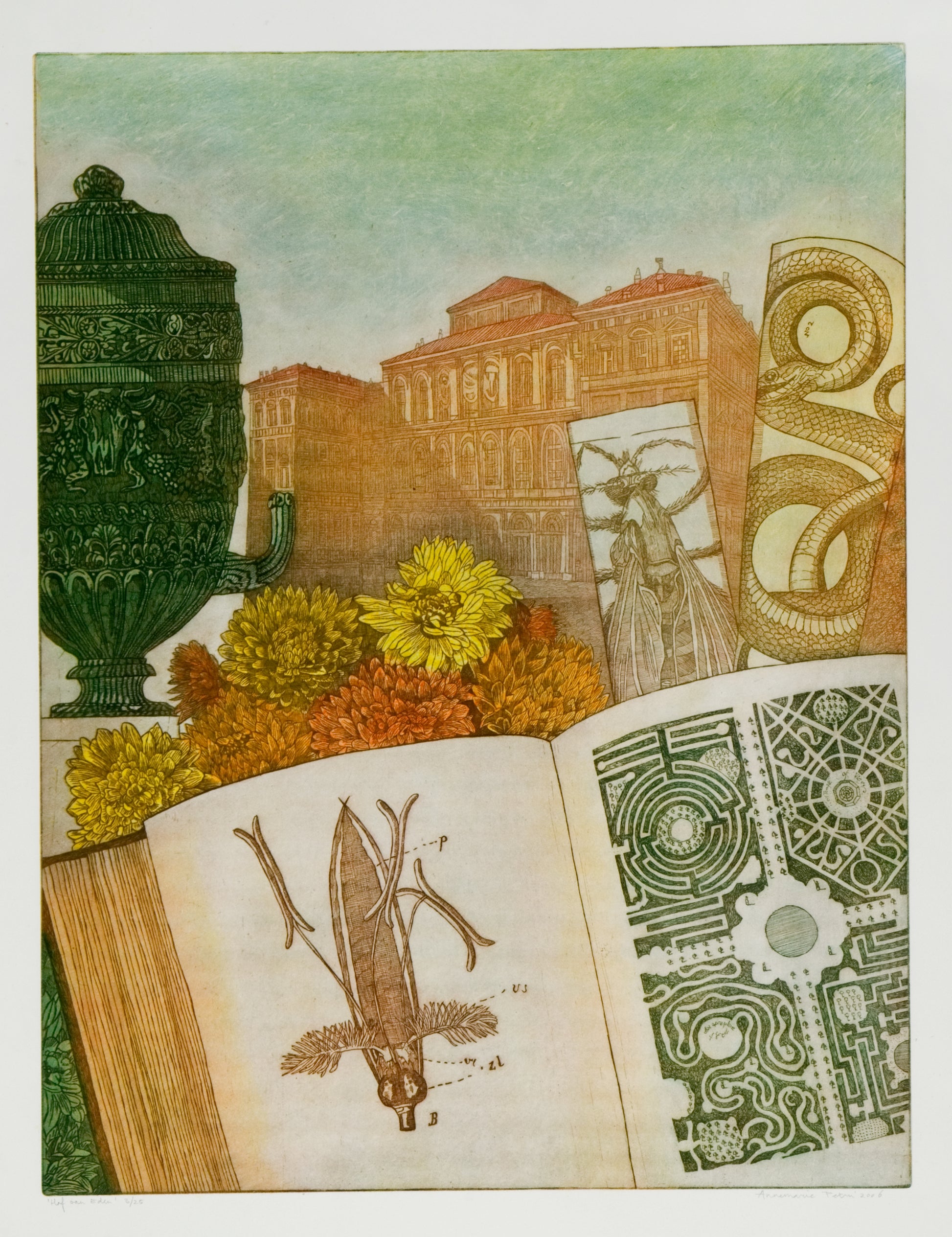 Etsen van Annemarie Petri met het kunstwerk Hof van Eden, featuring botanische illustraties en architectuur