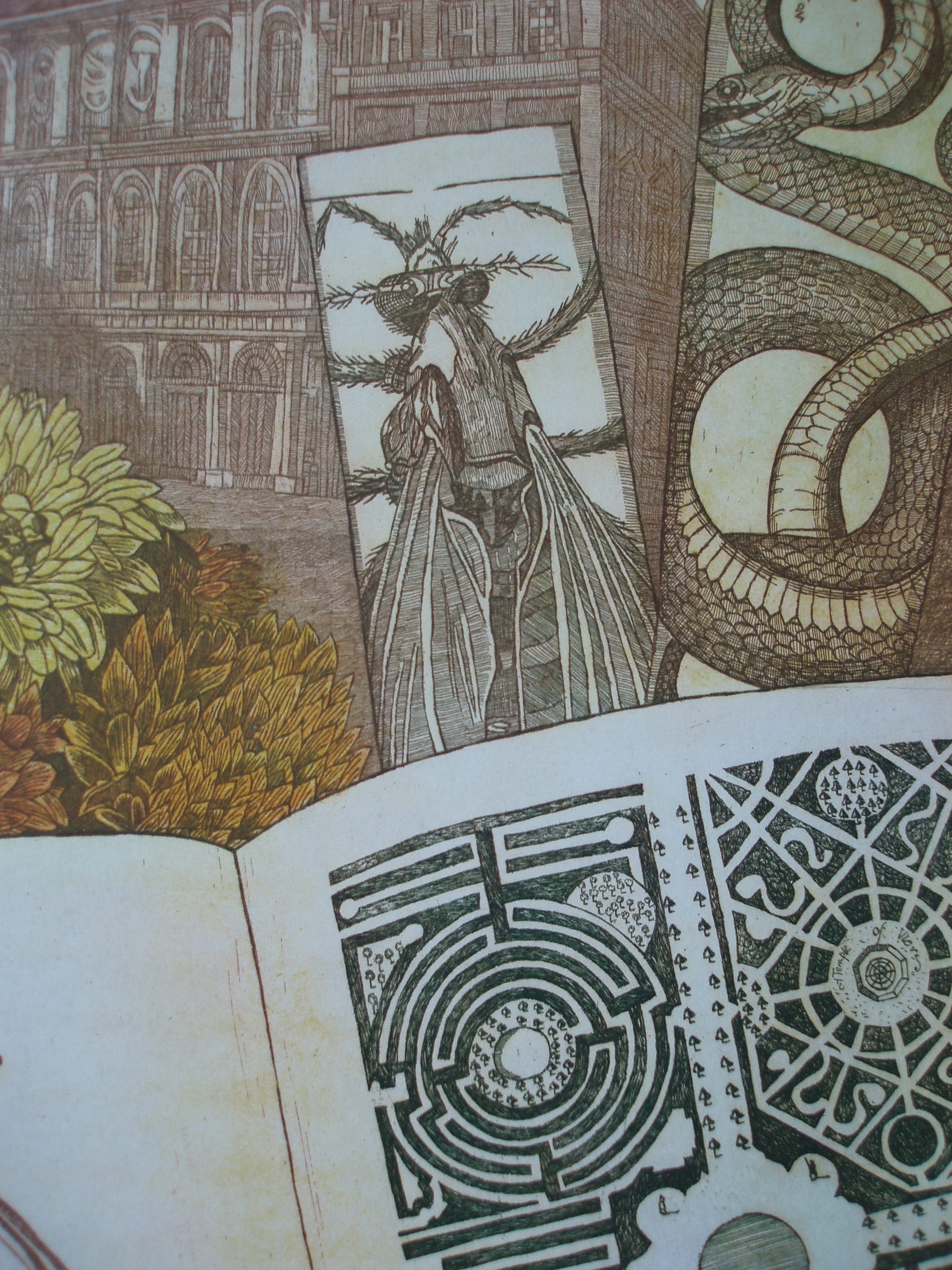 Ets van Annemarie Petri met een gedetailleerd ontwerp van het Hof van Eden kunstwerk