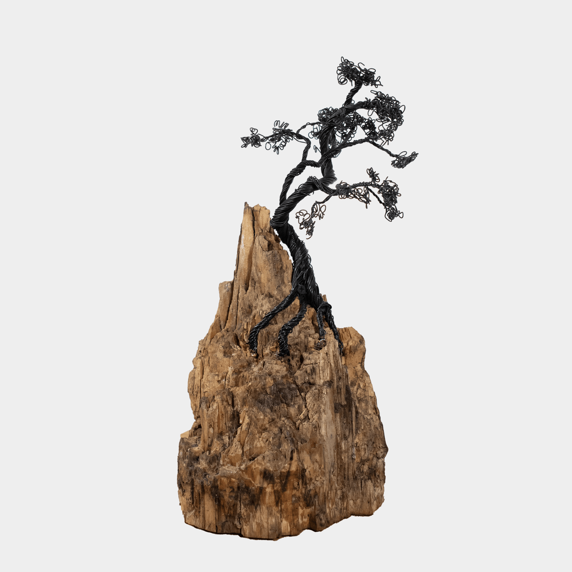 Unieke houtkunst van Semra Heydari met een boom gemaakt van draad op een houten basis