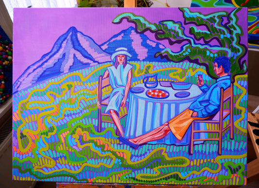 Humdrum Blues schilderij met kleurrijke figuren die ontspannen aan een tafel in de natuur zitten
