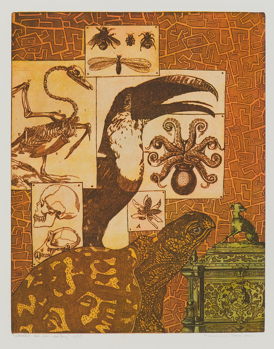 Ets van Annemarie Petri met het interieur van een zoöloog, inclusief dierenillustraties en objecten