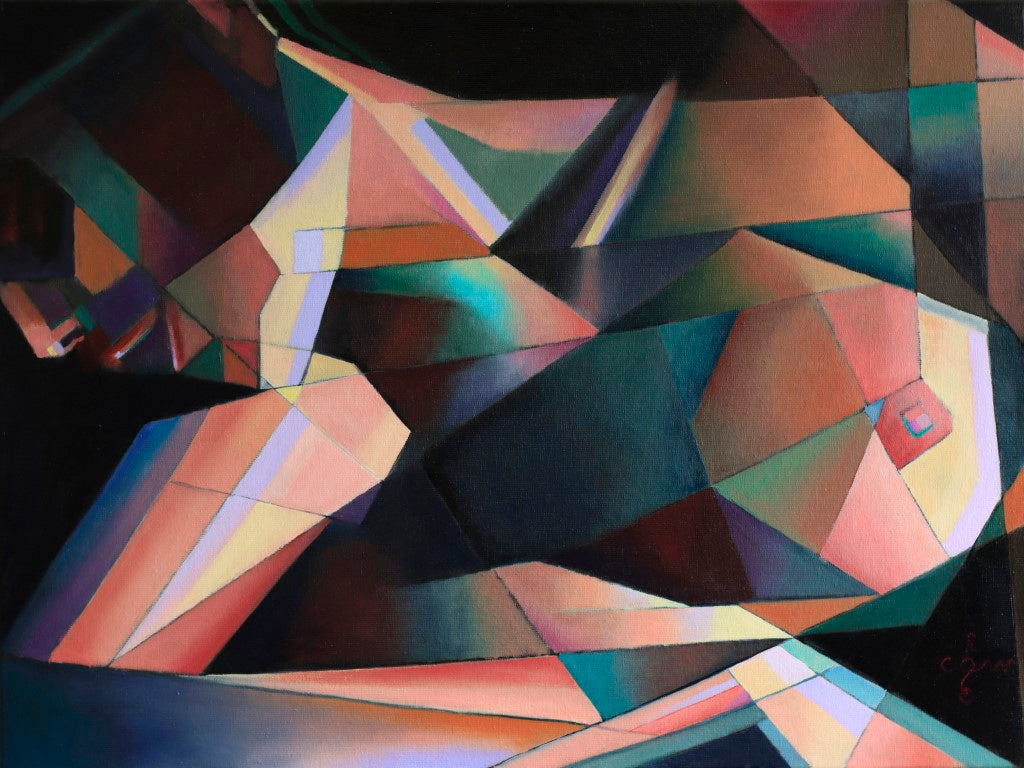 Kubistisch schilderij van abstracte vormen in levendige kleuren door Corné Akkers