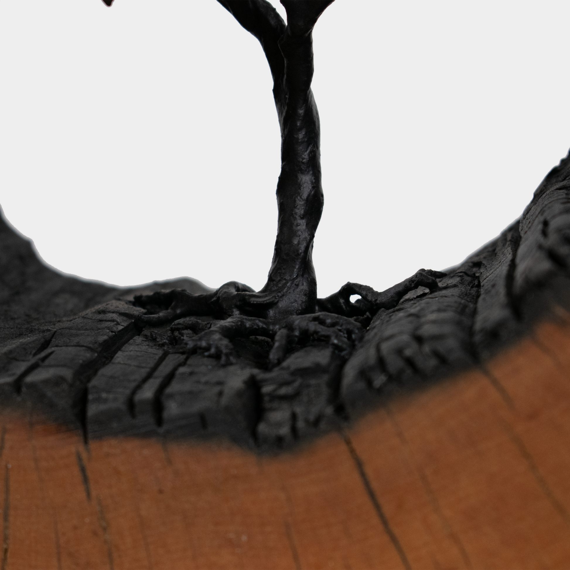 Abstract kunst beeld sculptuur hout met zwarte details op gespleten houten basis