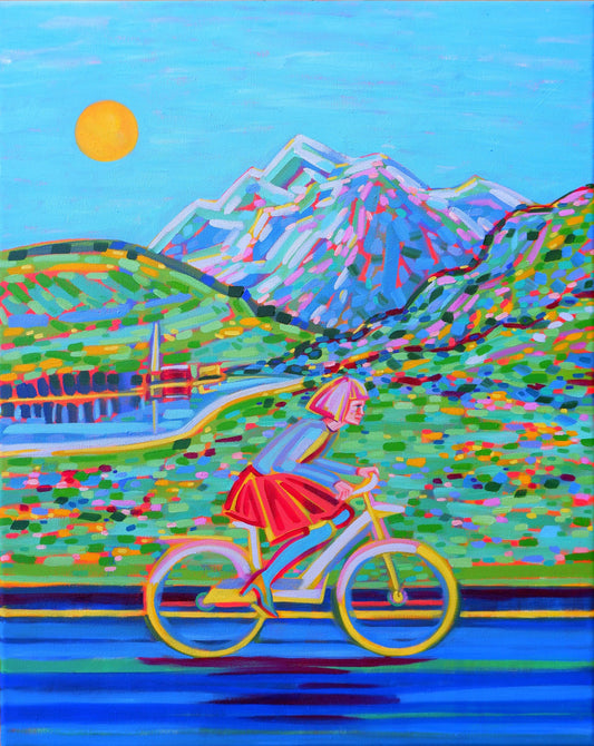 Schilderij van een fietser met een kleurrijk landschap en de tekst I Want to Break Free