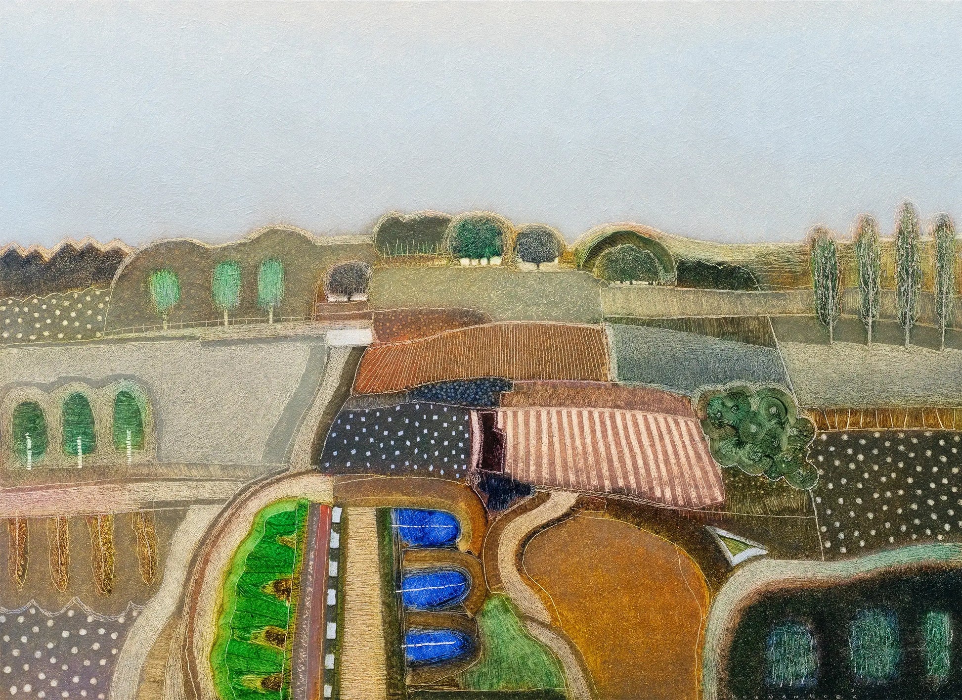 Kleurrijk landschapschilderij van Rob van Hoek met weidse velden en bomen in harmonie