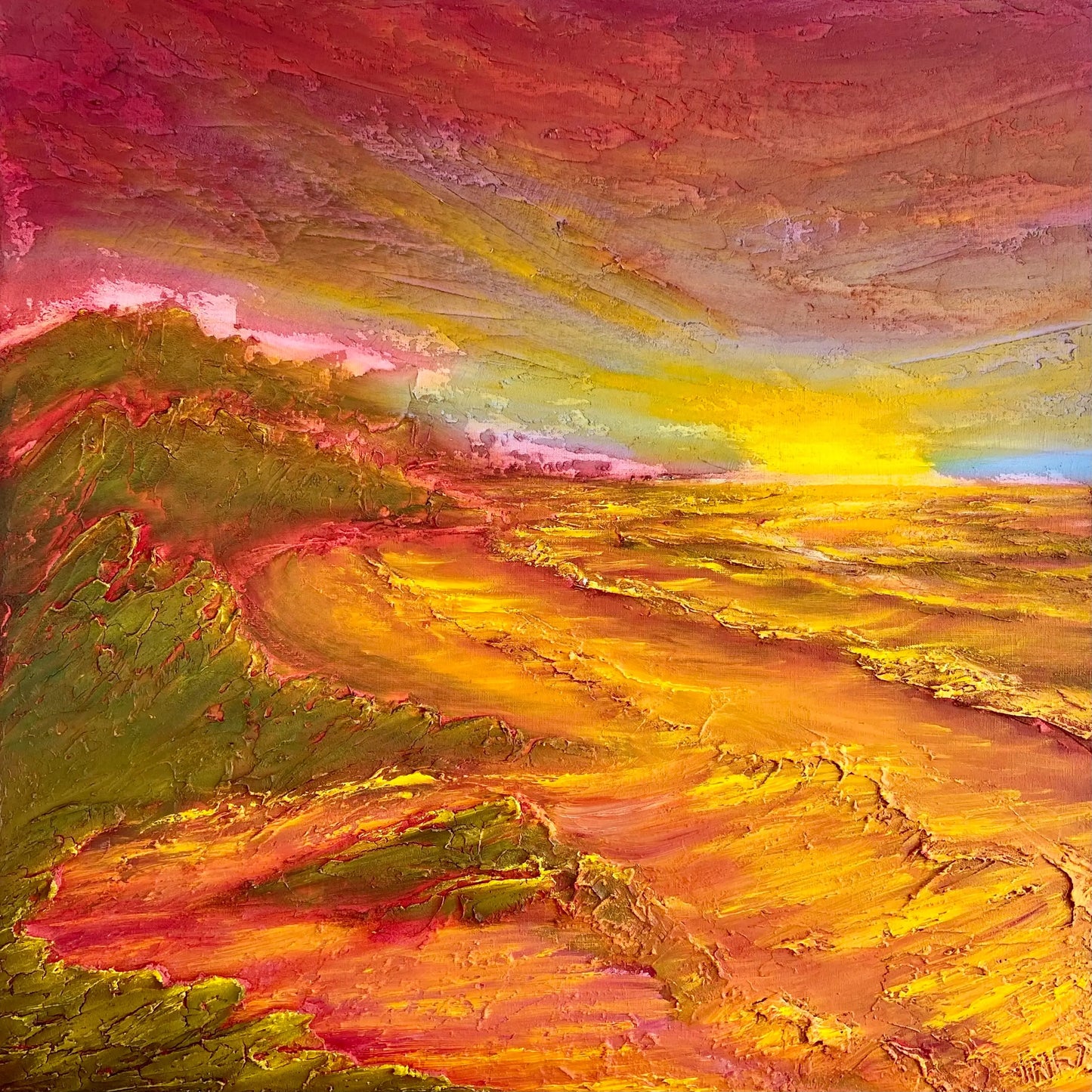 Olieverf schilderij van een kleurrijke zonsopgang boven een glooiend landschap met warme tonen