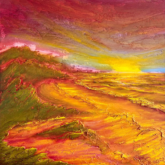 Olieverf schilderij van een kleurrijke zonsopgang boven een glooiend landschap met warme tonen