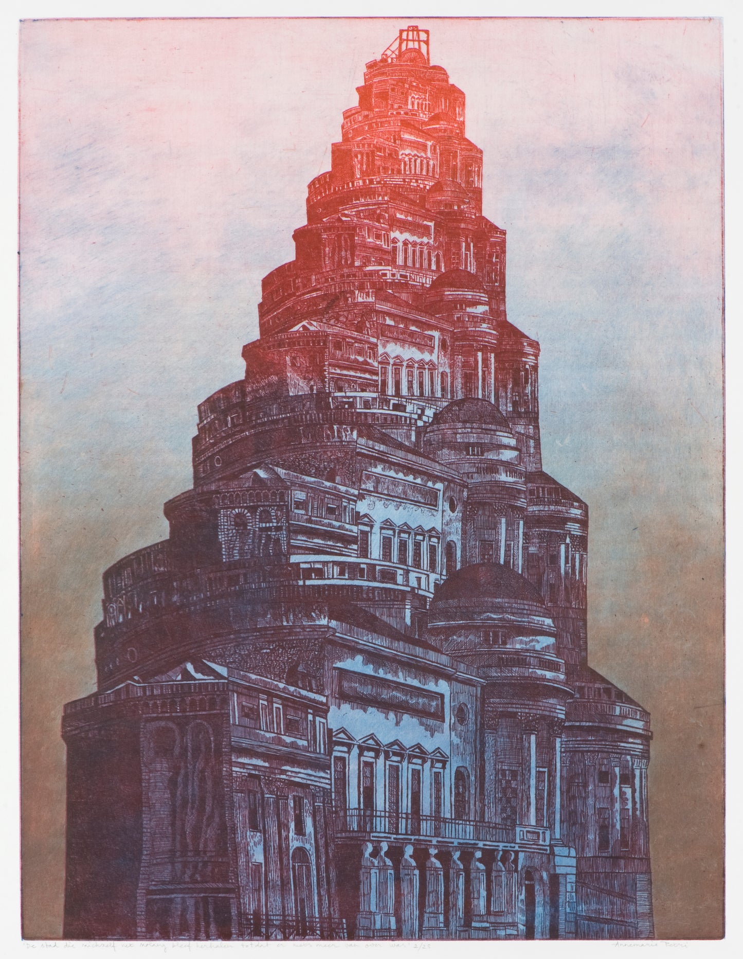 Ets van een indrukwekkend gebouw in verschillende tinten, kunst van Annemarie Petri