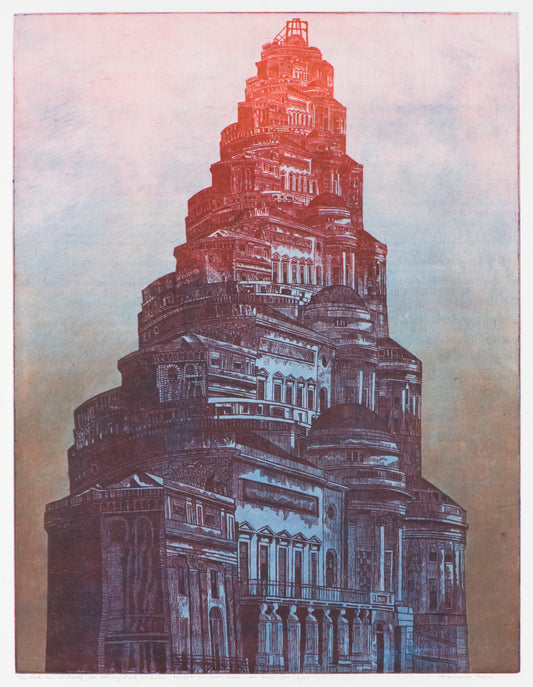 Ets van een indrukwekkend gebouw in verschillende tinten, kunst van Annemarie Petri