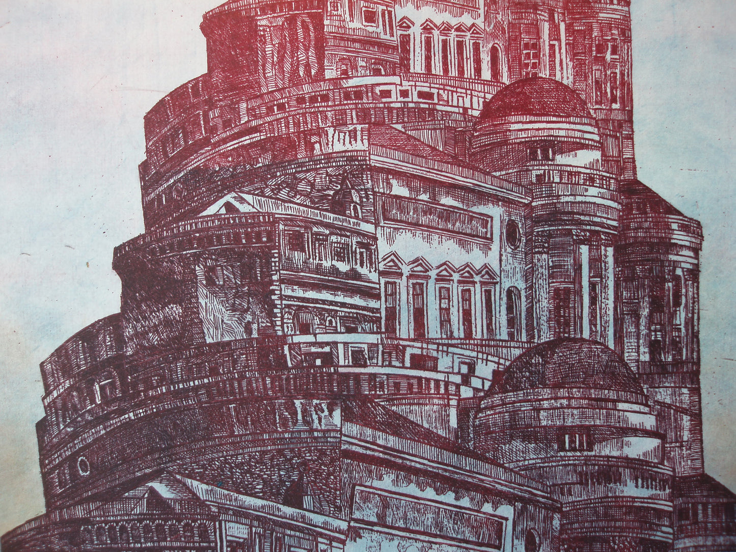 Ets van de Kunst van Annemarie Petri met een complexe architecturale compositie in dieprode tinten