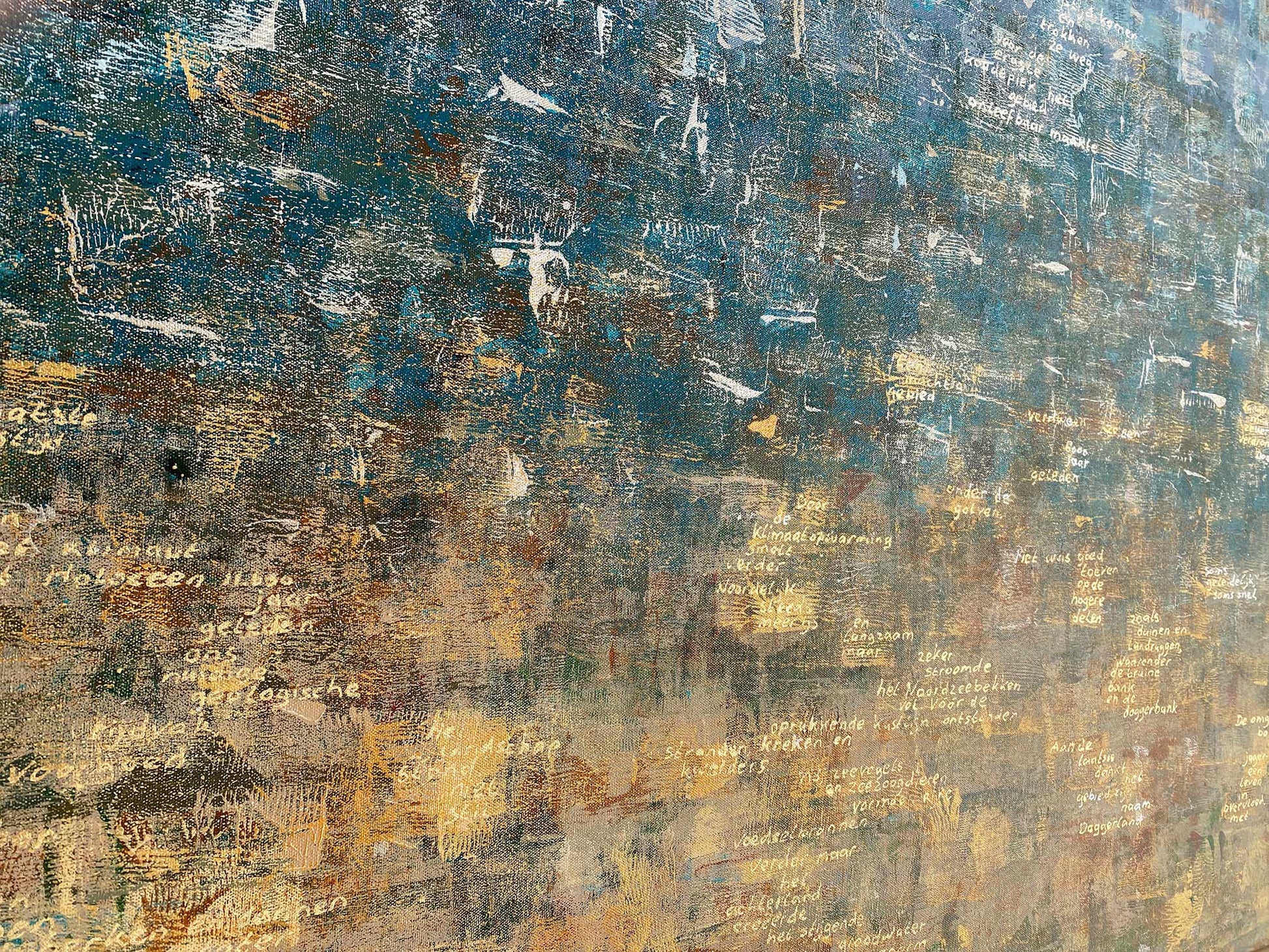 Schilderij van Elise Eekhout getiteld Verdronken Land met abstracte texturen en kleuren