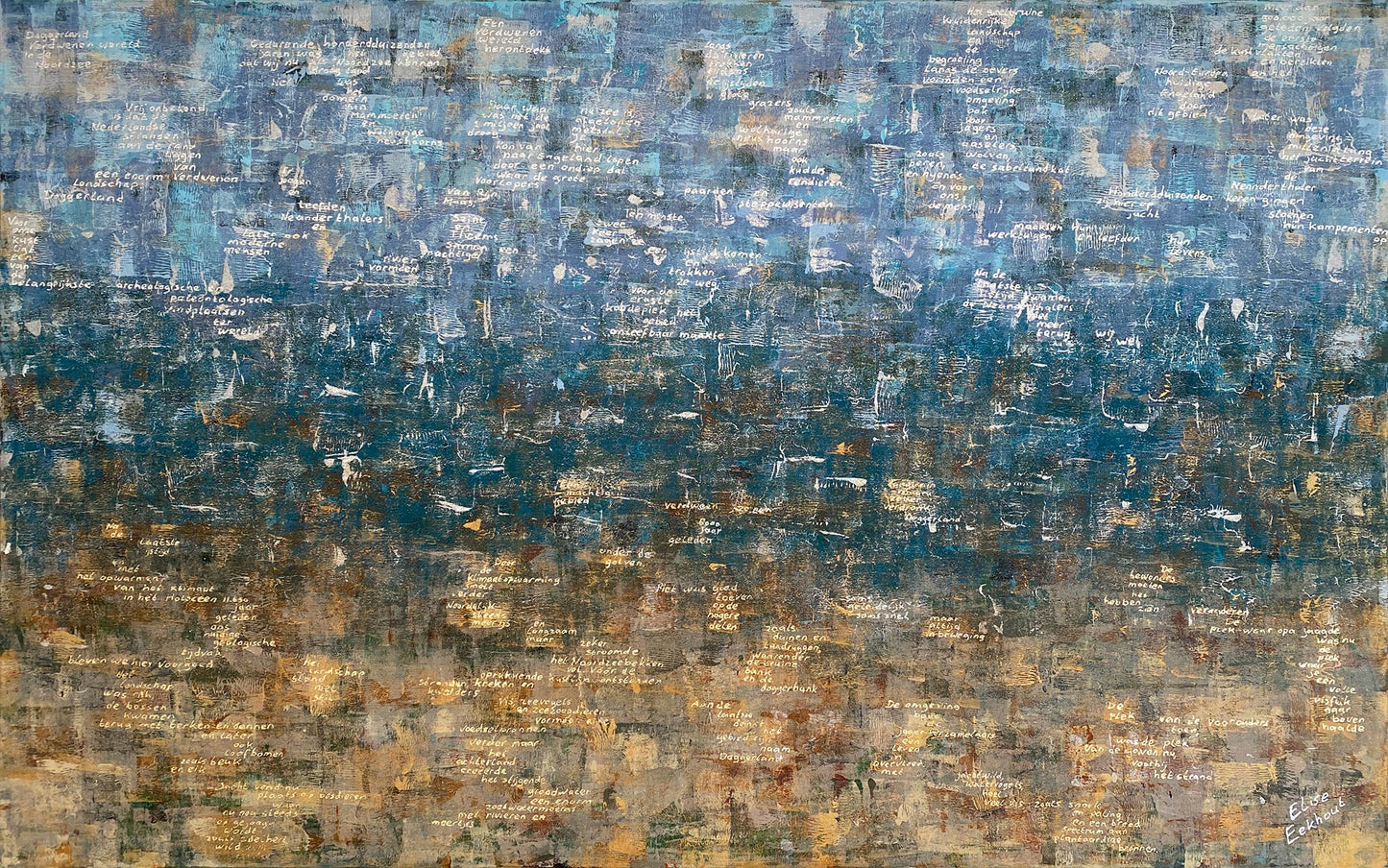 Abstract schilderij van Elise Eekhout met de titel Verdronken Land in blauwe en gouden tinten