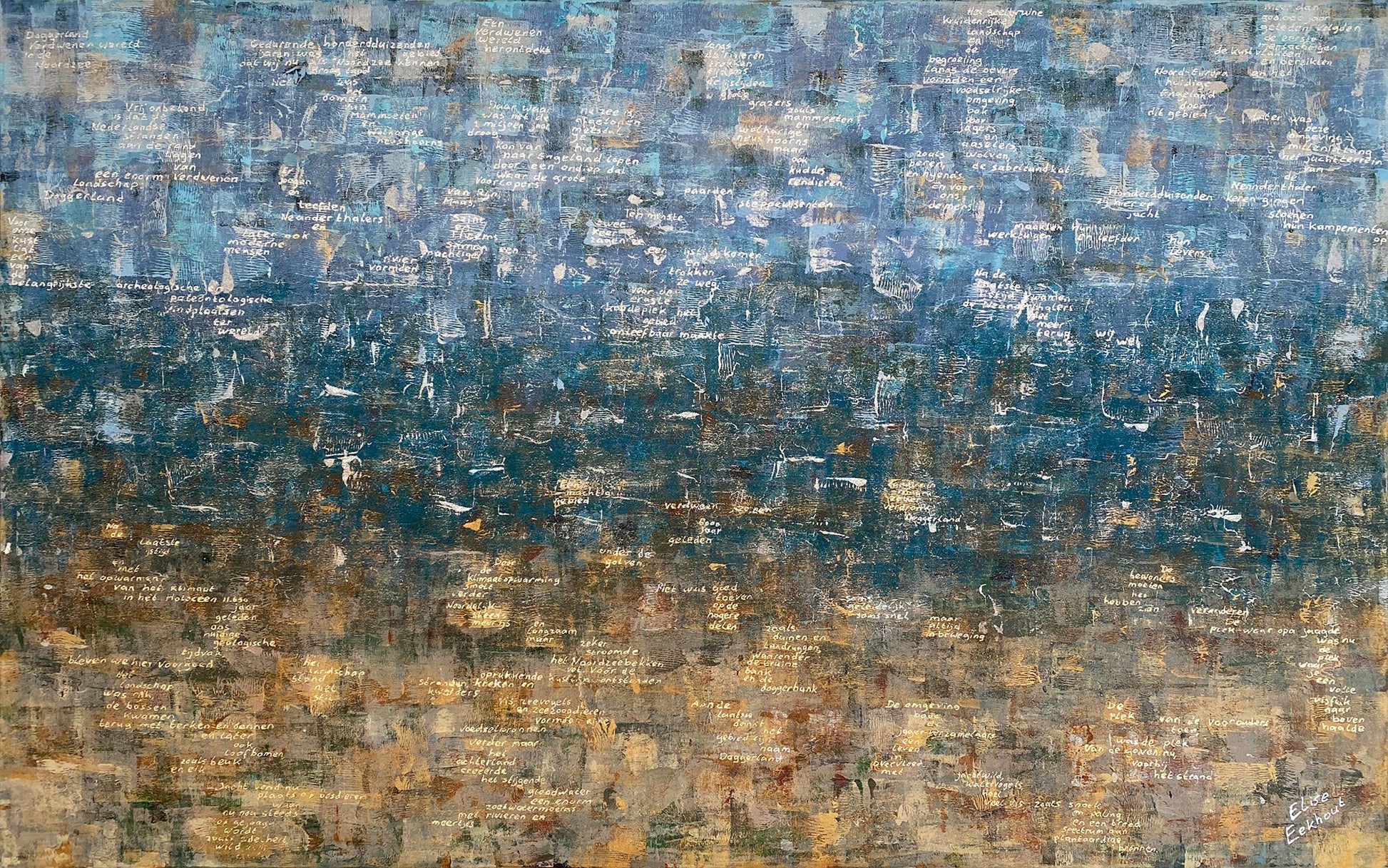 Abstract schilderij van Elise Eekhout met de titel Verdronken Land in blauwe en gouden tinten