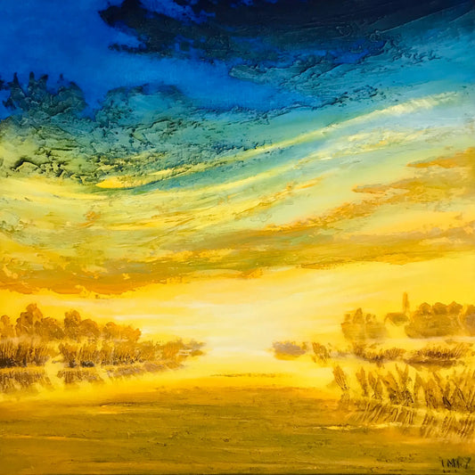 Abstract golden day schilderij met een levendige lucht en serene landschapsscenes