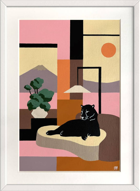 Kunstwerk Dreaming of Fuji met een zwarte panter en moderne achtergronden in pastelkleuren