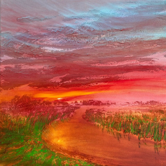 Schilderij van Inez Heintzberger met een kunstwerk met zonsondergang en levendige kleuren in de lucht