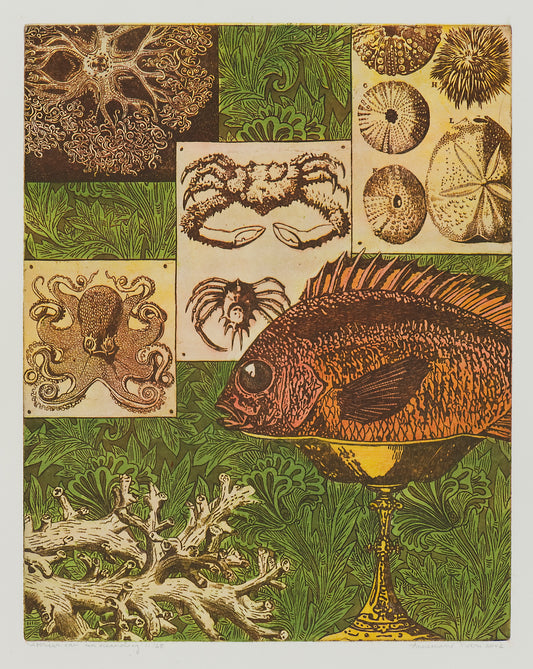 Ets van Annemarie Petri met verschillende zeeleven afbeeldingen als kunstwerk oceanologisch