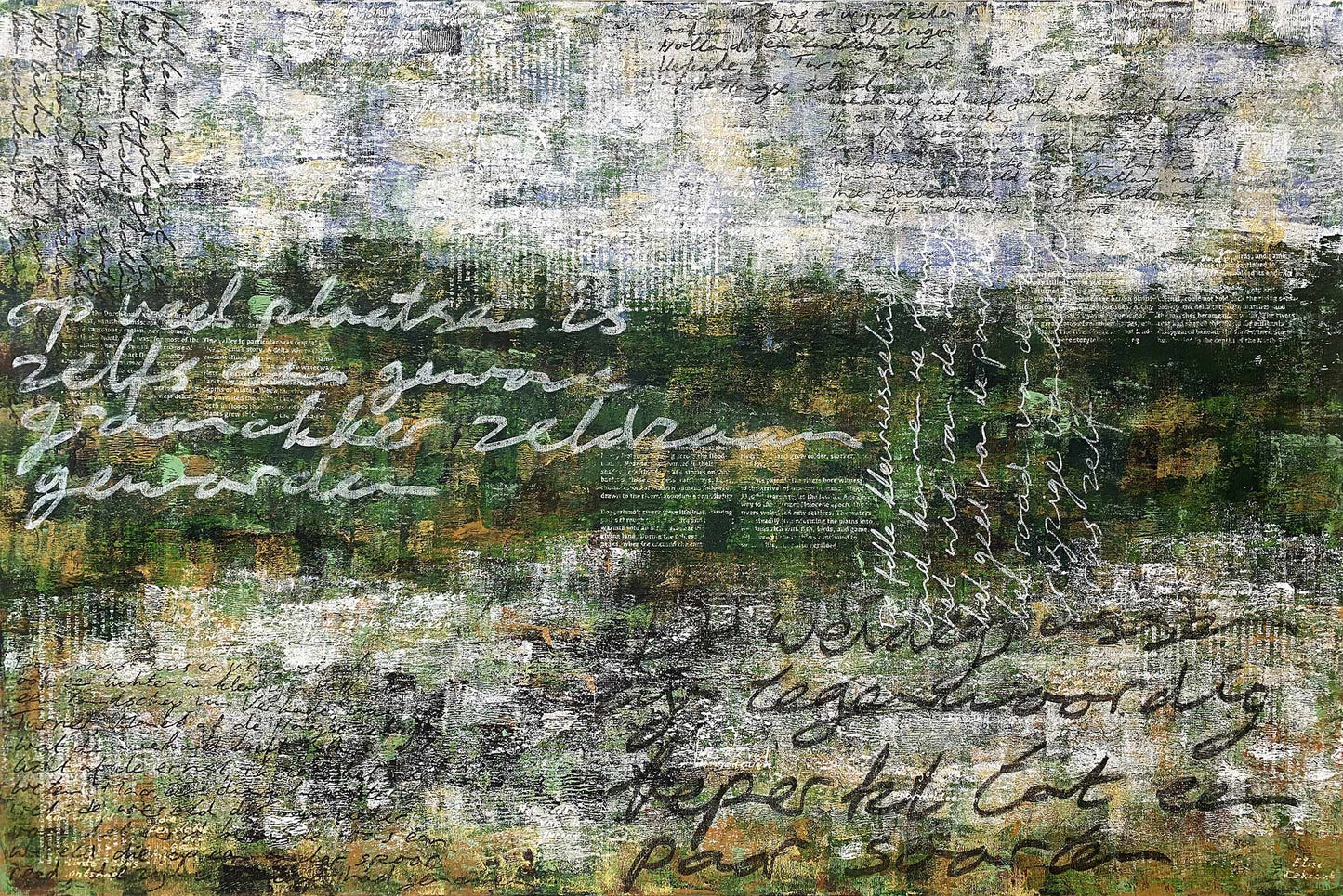 Kunstwerk Ontsnapte Land 09 van Elise Eekhout met abstracte tekst en natuurlijke kleuren.