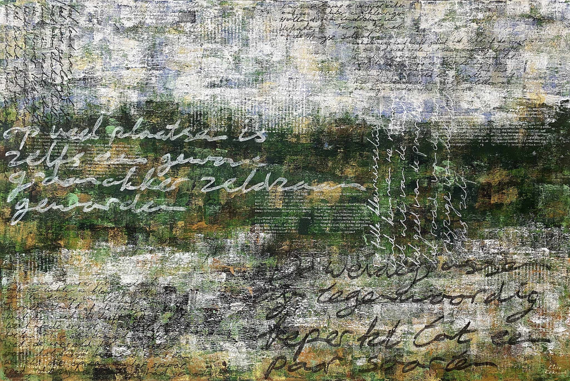 Kunstwerk Ontsnapte Land 09 van Elise Eekhout met abstracte tekst en natuurlijke kleuren.