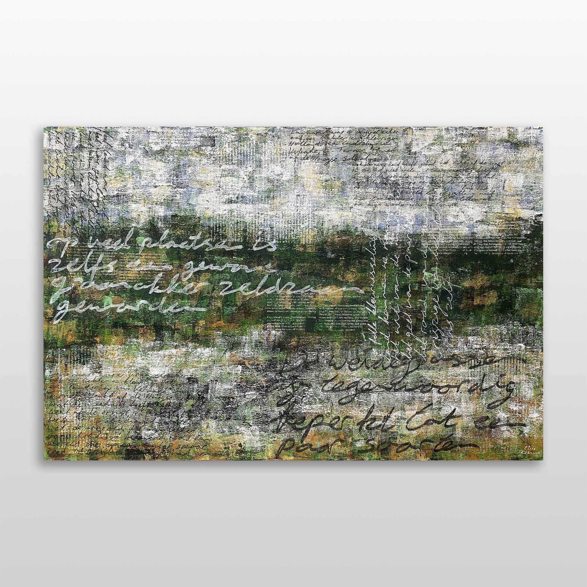 Moderne schilderij van Elise Eekhout met abstracte elementen en tekst, kunstwerk Ontsnapte Land 09