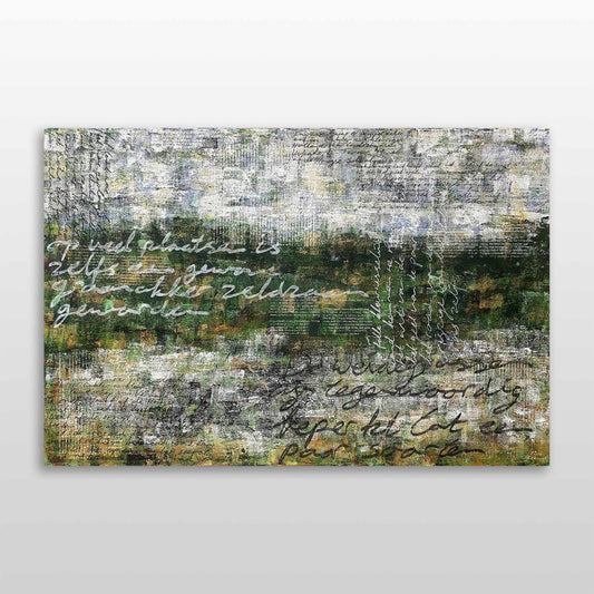 Moderne schilderij van Elise Eekhout met abstracte elementen en tekst, kunstwerk Ontsnapte Land 09