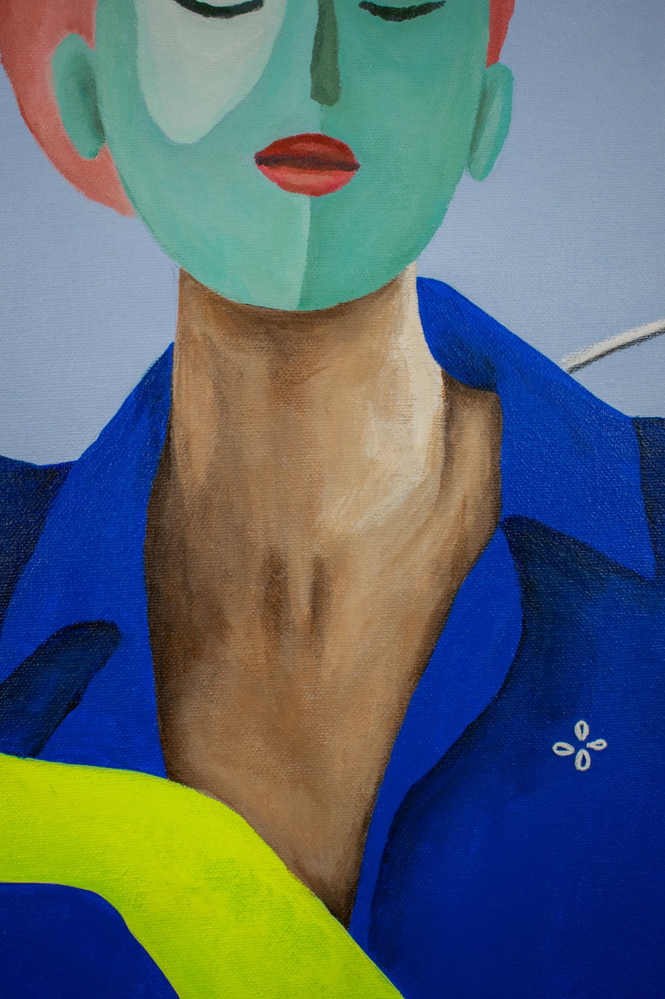 Kunstwerk Suvi van Loes Kamphuis met abstracte figuur in blauwe blouse en groene huidtint