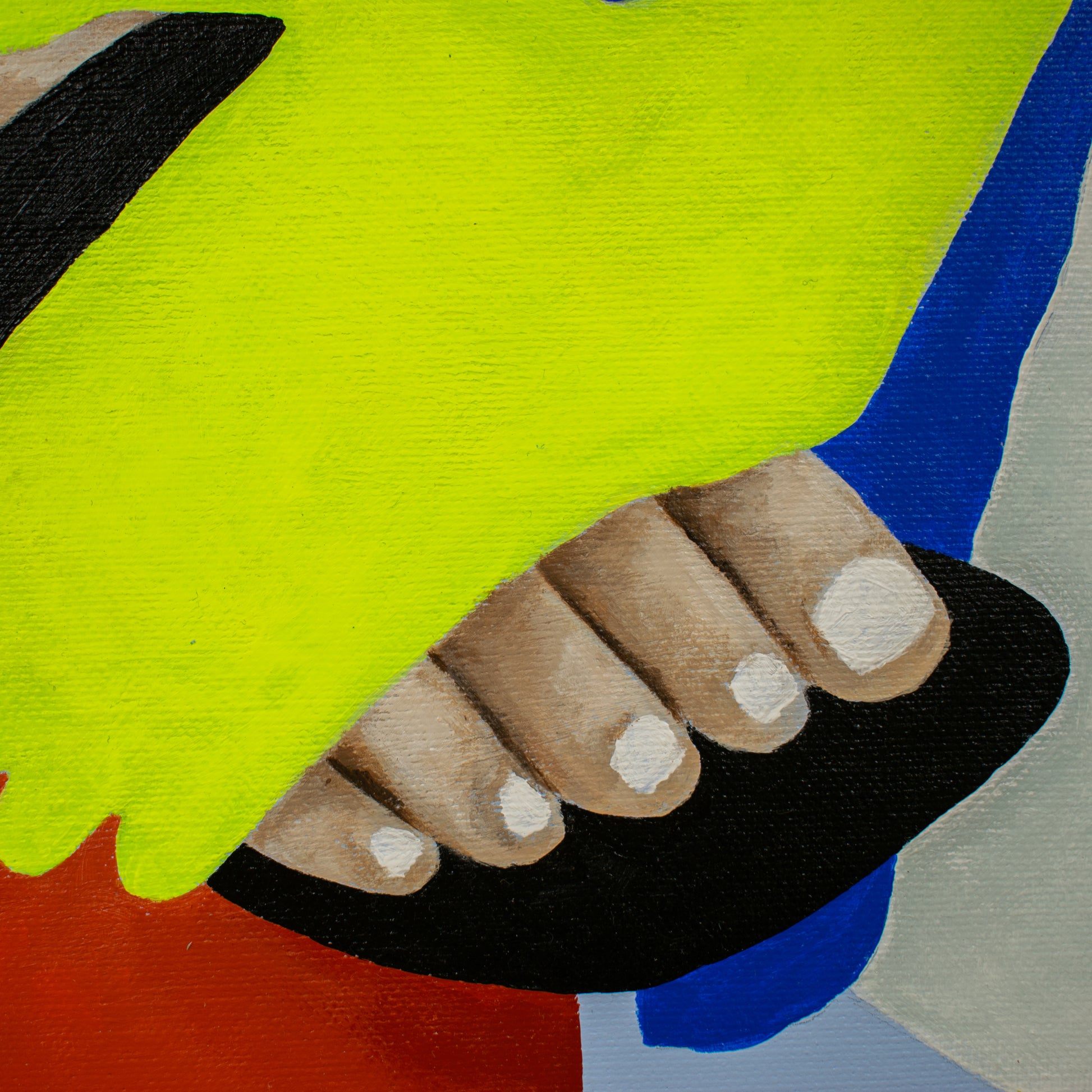 Kleurrijk kunstwerk Suvi van Loes Kamphuis met abstracte handen en voeten