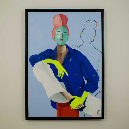 Kunstwerk Suvi van Loes Kamphuis met levendige kleuren en een abstracte voorstelling van een vrouw