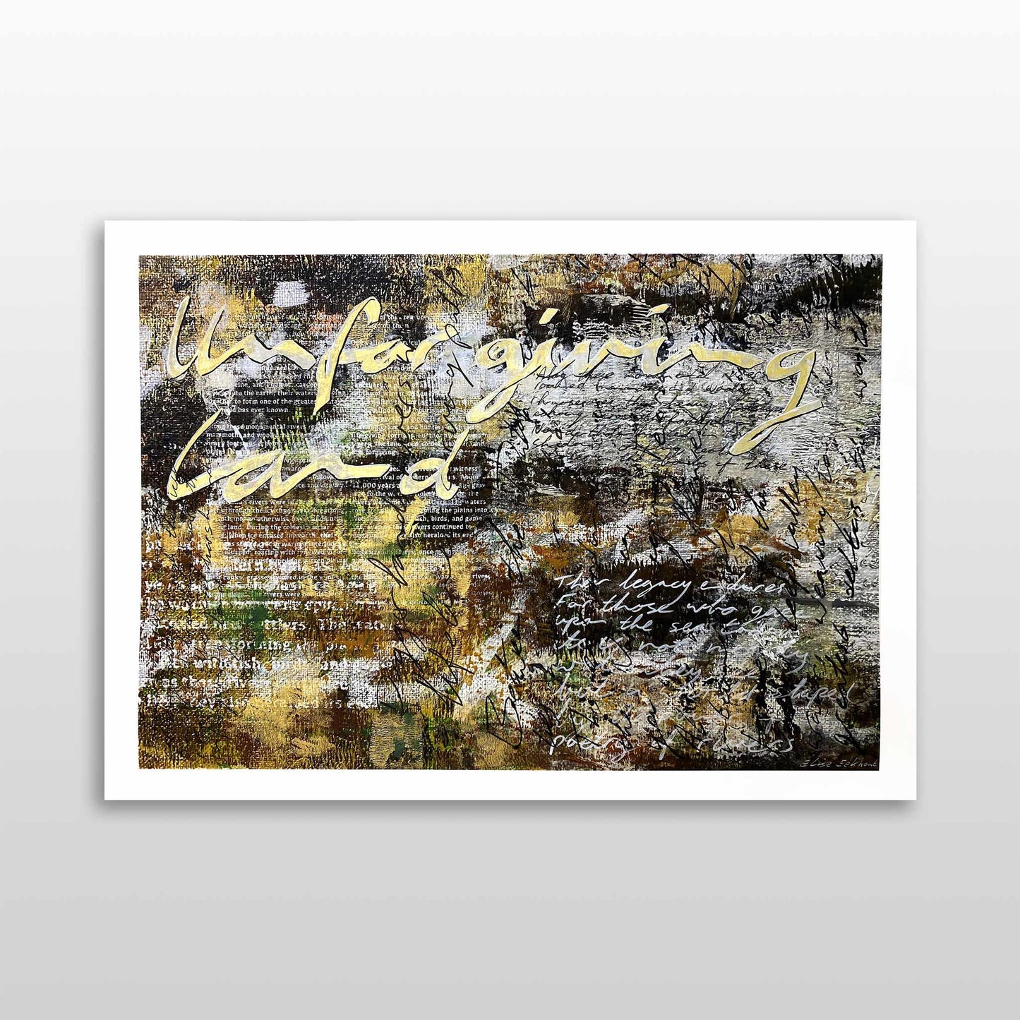 Schilderij van Elise Eekhout met de titel kunstwerk Unforgiving Land, kleurrijk en abstract ontwerp.