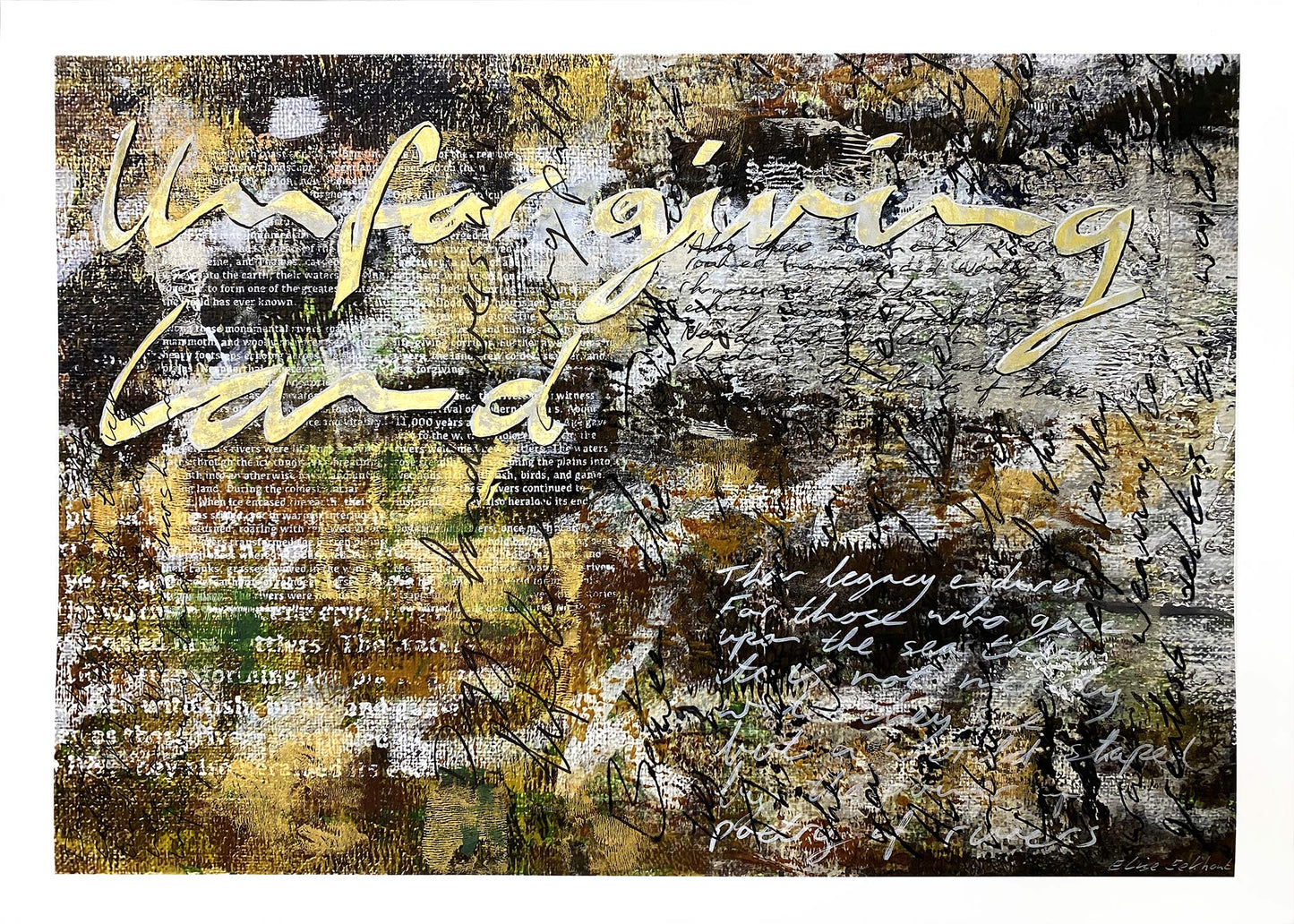 Kunstwerk Unforgiving Land van Elise Eekhout met abstracte texturen en opvallende lettertypen